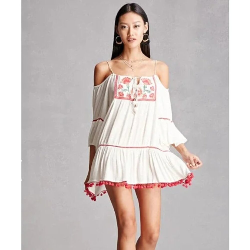 3/$30 Z&L EMBROIDERED MINI DRESS COLD SHOULDER POM POM DROP WAIST FLORAL SMALL